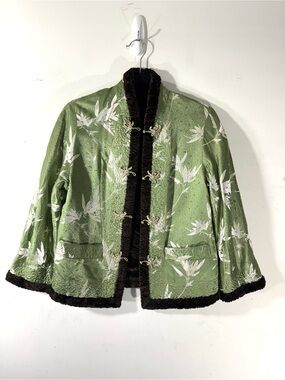 Vintage Asian Inspired Reversible Faux Fur Jacket green bamboo jacquard Sz 8